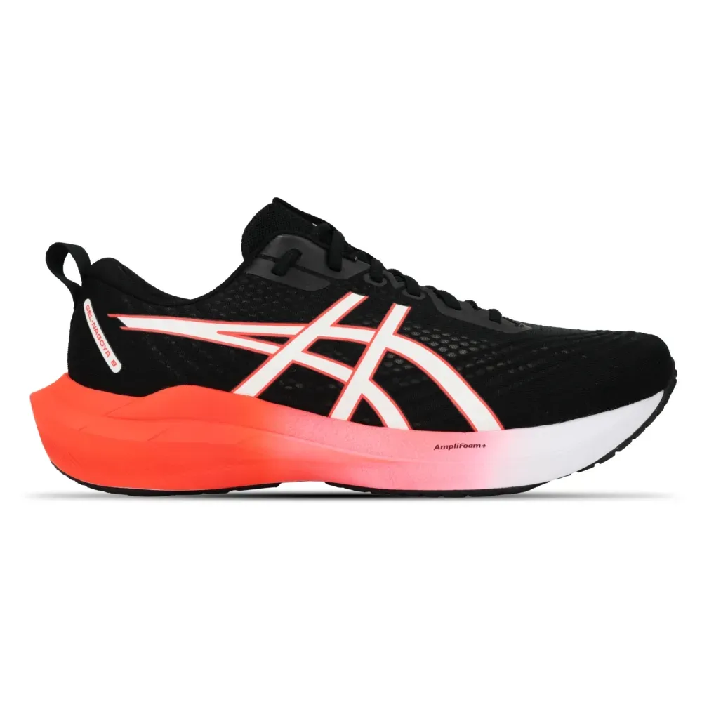 Tênis de corrida masculino Asics Gel-Nagoya 8 preto com detalhes vermelhos e solado emborrachado